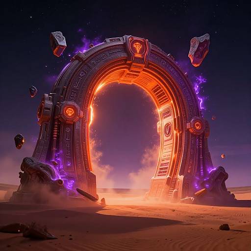 Digital artwork of a glowing, futuristic, arch-like portal emitting intense orange light, surrounded by floating rocks, in a desert landscape at night.