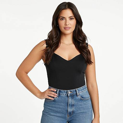 Photograph of a confident woman with long, wavy brown hair, wearing a black V-neck tank top and high-waisted blue jeans, standing