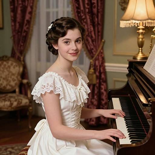 Photograph of a young woman with fair skin and dark hair in a vintage-style white lace wedding dress, playing a grand piano in an elegant, warmly