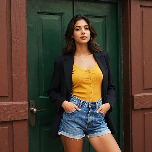 Photograph of a woman with olive skin and dark wavy hair, wearing a black blazer, yellow ribbed tank top, and blue denim shorts