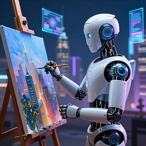 AI Robot Painting Neon Cityscape