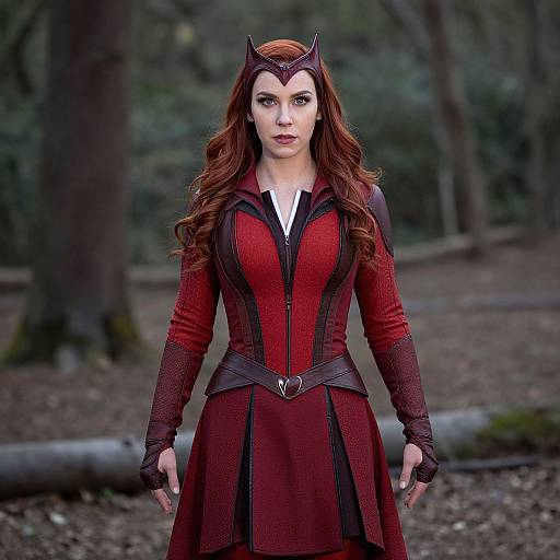 Photograph of a red-haired woman in a red, black-accented superhero costume with cat-ear headpiece, standing in a forest.
