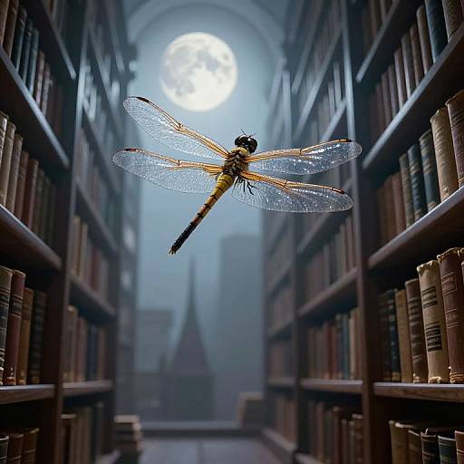 Photograph of a detailed dragonfly with translucent wings, flying between dark, misty, moonlit library bookshelves, with a Gothic-style building