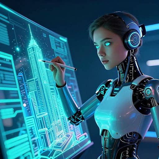 Futuristic Female Android Drawing Cyber Cityscape