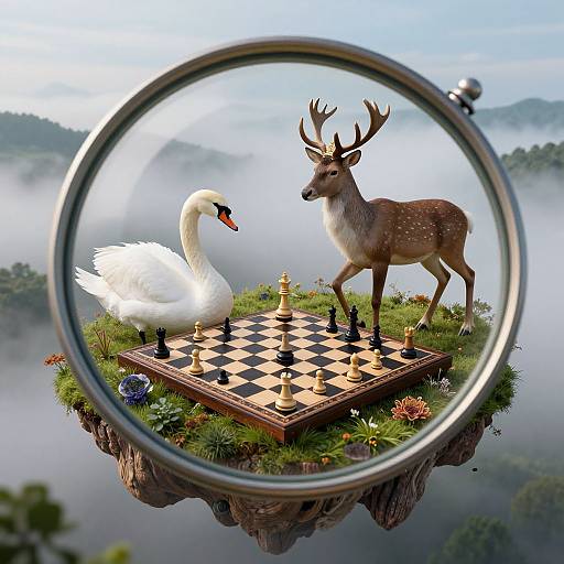Magical magnifying glass focuses on a chessboard with a white swan and brown deer facing each other, floating on a grassy cliff amidst mist
