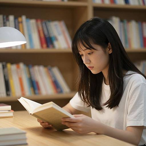 Photograph of an Asian woman with long black hair, wearing a white t-shirt, reading a book at a wooden table in a library, with book
