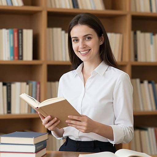Smiling Woman Reading Among Bookshelves