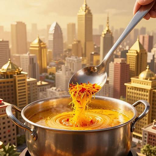 Photograph of a hand stirring a pot of boiling, orange liquid with noodles, set against a golden sunset cityscape of skyscrapers.