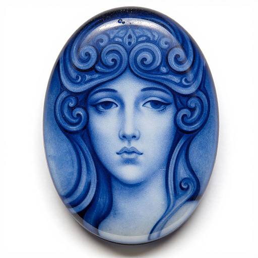 Blue ceramic circular pendant featuring a serene, stylized female face with intricate, swirling hair patterns. Monochromatic blue tones dominate.