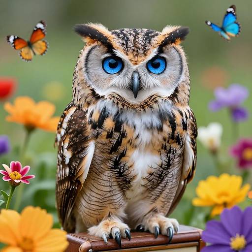 Photorealistic digital artwork of a vibrant, blue-eyed owl with intricate brown, white, and black feathers, surrounded by colorful flowers and two orange and