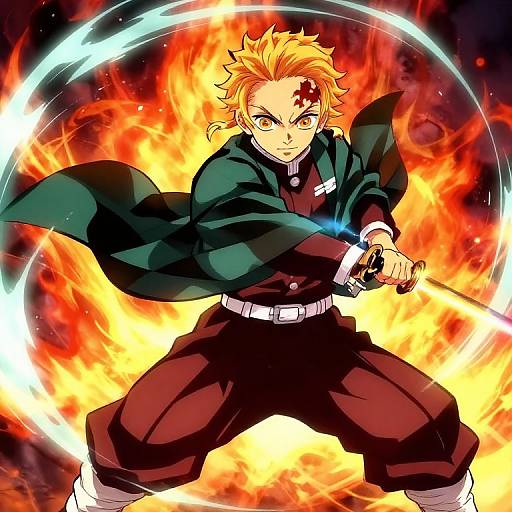Anime-style digital illustration of a blonde, fiery-eyed male character wielding a blue katana, surrounded by flames, wearing a dark green coat and black pants
