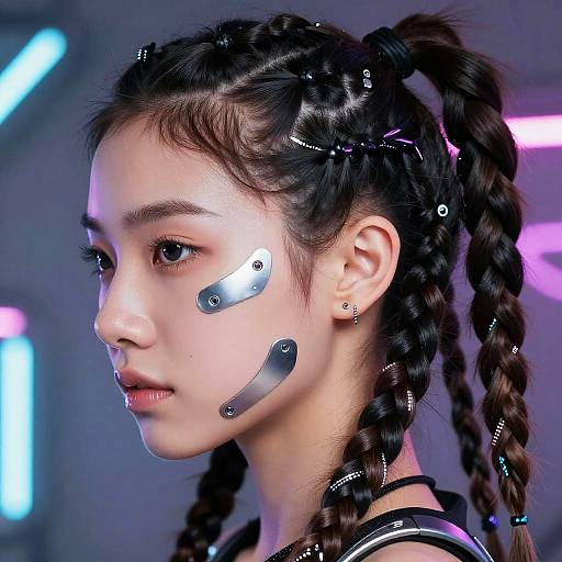 Photorealistic digital portrait of an Asian woman with braided hair, metallic face markings, futuristic background, glowing lights, and subtle cyberpunk style.