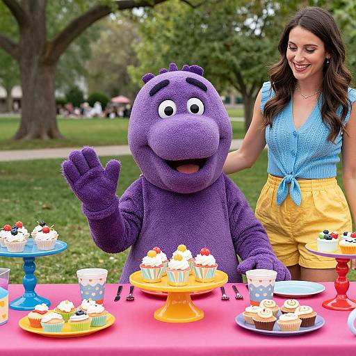 Photograph of a smiling woman in a blue top and yellow shorts beside a purple, plush, cartoon character waving at a colorful cupcake table in a