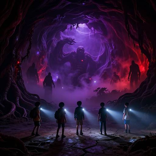 Digital artwork of five silhouetted figures with flashlights in a dark, cavernous, bioluminescent purple and red alien-like cave,