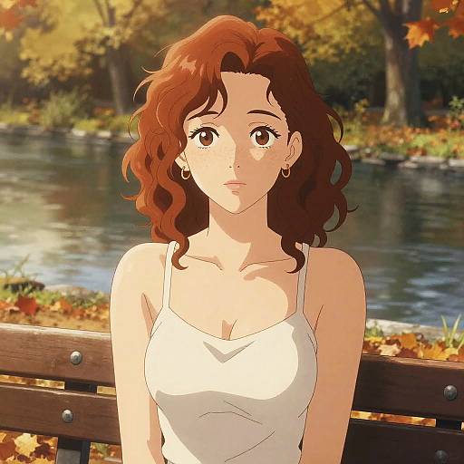 Anime-style digital drawing of a red-haired woman with wavy hair, wearing a white tank top, sitting on a wooden bench in a autumn park by