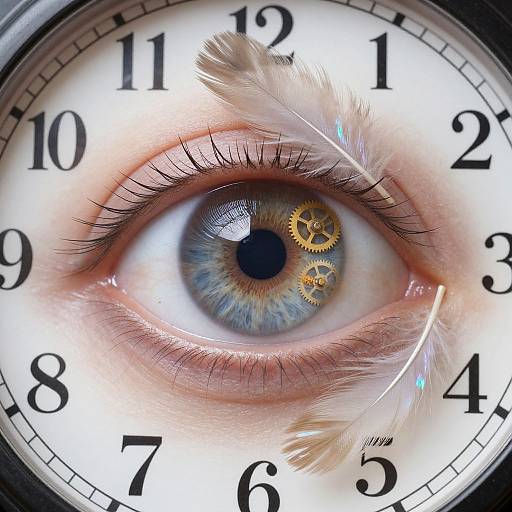 Close-up photograph of a blue-eyed human face with black mascara, surrounded by a clock face, featuring feather details and gold gears in the iris.