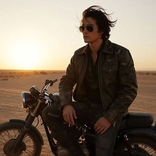 Silhouetted man with messy black hair, wearing sunglasses and leather jacket, sitting on a vintage motorcycle at sunset in a desert. Photograph.