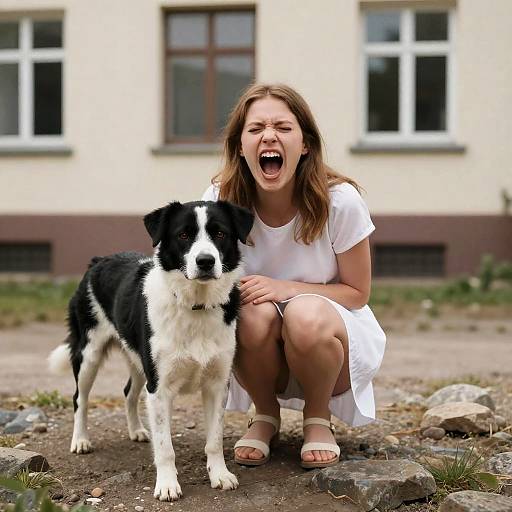 Young Woman Screaming with Dog Outdoors
