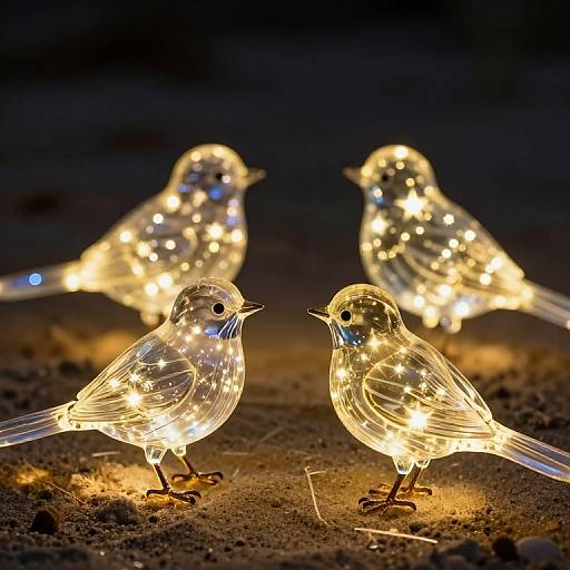 Photograph of three illuminated, transparent bird-shaped LED light decorations with small, glowing white bulbs, standing on a dark, textured surface.