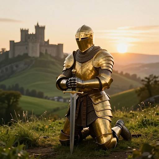 Photograph of a knight in golden armor kneeling on grass, holding a sword, with a castle in the sunset-lit background.