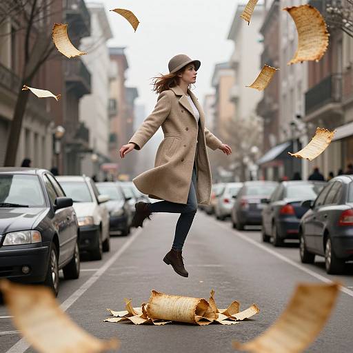 Photograph: A woman in a beige coat and hat leaps mid-air on a city street, surrounded by flying golden pages.