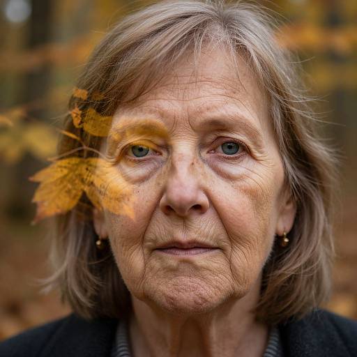 Photograph of an elderly woman with light gray hair, blue eyes, and wrinkled skin, as a yellow autumn leaf blurs in front of her