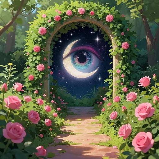 Digital art: A vibrant garden archway with pink roses and lush greenery frames a cosmic eye with a crescent moon against a starry night sky
