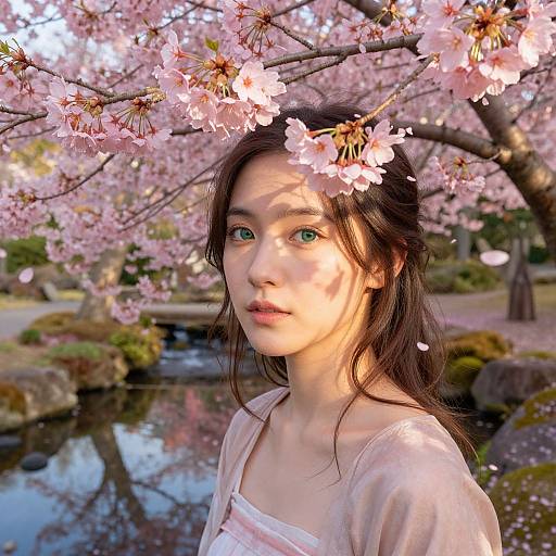 Photograph of a young Asian woman with green eyes, wearing a white blouse, standing under blooming pink cherry blossoms, with a serene garden and