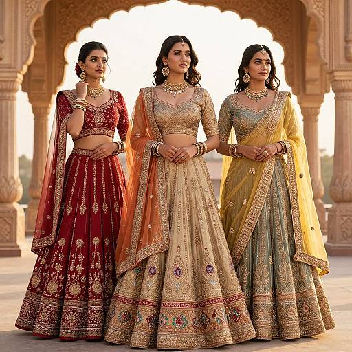 Three Indian women in traditional, ornately embroidered sarees and blouses, standing under a sunlit, arched stone structure, wearing gold jewelry.