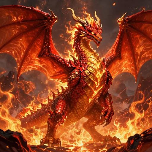Digital illustration of a fiery red and yellow dragon with large wings, standing in a blazing volcanic landscape, surrounded by intense flames.