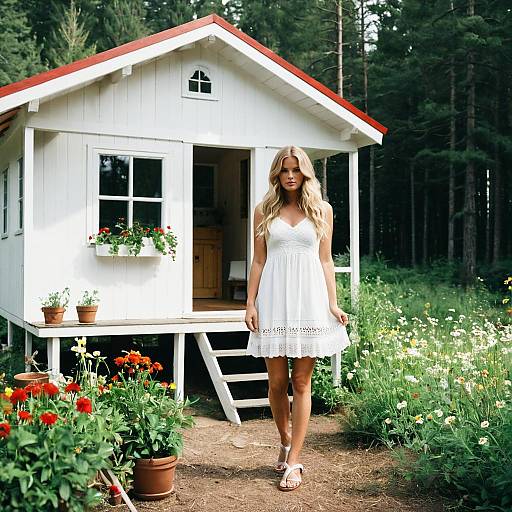 Blonde Woman in White Dress by Cabin