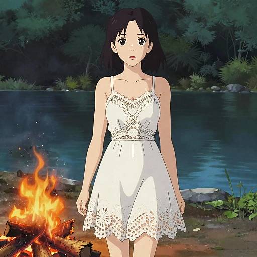 Anime-style drawing of a young woman with black hair in a white lace-trimmed sundress standing by a campfire by a nighttime lake.