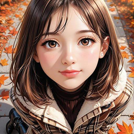 Photograph of a young Asian woman with large brown eyes, shoulder-length brown hair, wearing a plaid coat with a white fur collar, surrounded by