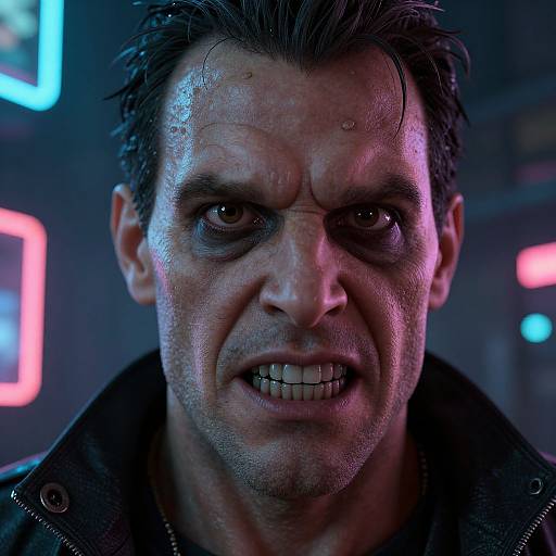 Close-up photograph of a sweaty, angry man with dark hair, gritted teeth, and intense eyes, illuminated by neon blue and pink lights.