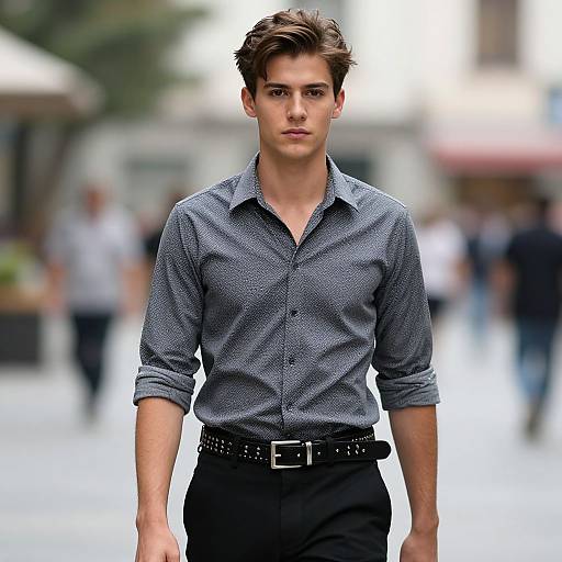 Photograph of a young, handsome Caucasian male with tousled brown hair, wearing a blue patterned shirt, black pants, and a studded belt