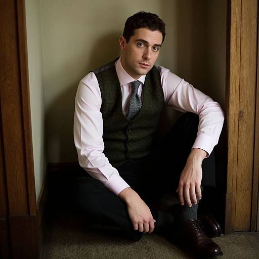 Photograph of a handsome, fair-skinned man with short dark hair, wearing a white shirt, black vest, tie, and dark pants, sitting