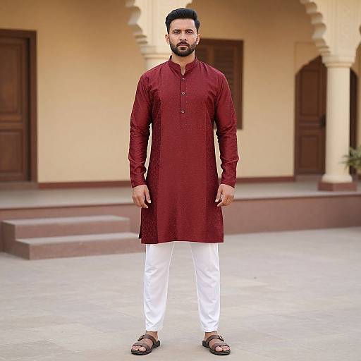 Photograph of a bearded South Asian man in a maroon kurtah and white pants, standing in a courtyard with beige walls and wooden doors