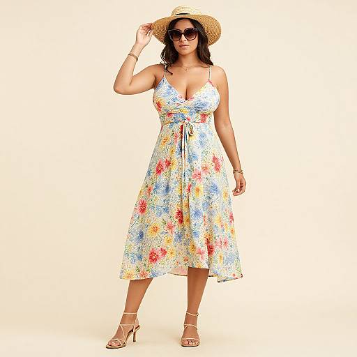 Photograph of a curvy woman in a floral sundress, straw hat, sunglasses, and strappy sandals, standing against a plain white background.
