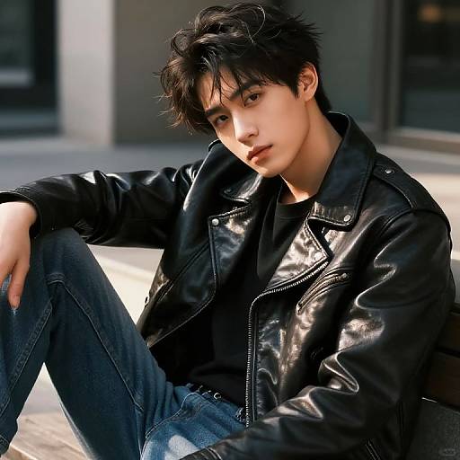 Photograph of a young Asian man with tousled black hair, wearing a shiny black leather jacket, black shirt, and blue jeans, sitting outdoors with