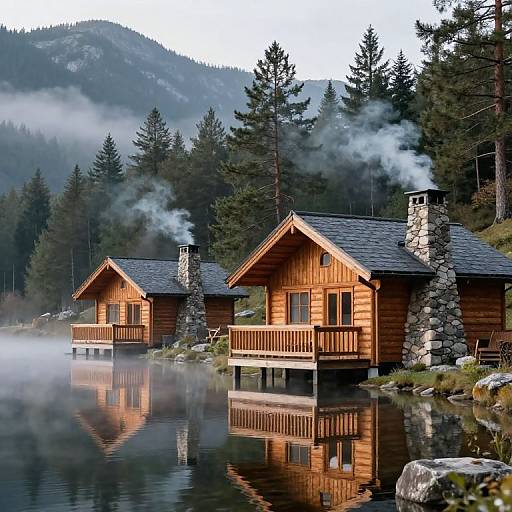 Photograph of two rustic wooden cabins with stone chimneys, reflecting on a misty lake, surrounded by tall pine trees and mountainous background.