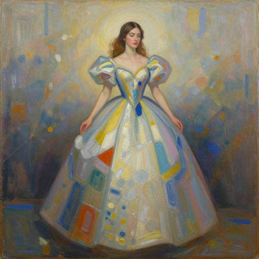 Oil painting of a fair-skinned woman with wavy brown hair, wearing a flowing, colorful, Victorian-style gown with puffed sleeves, standing against