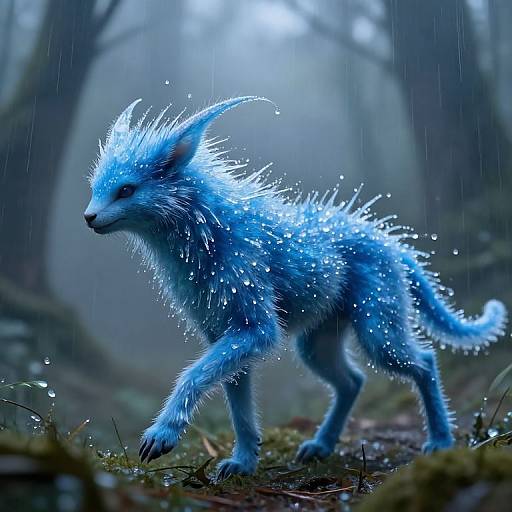 Digital artwork of a glowing blue, spiky-maned, water-droplet-covered mythical wolf walking in a misty, rain-soaked forest.