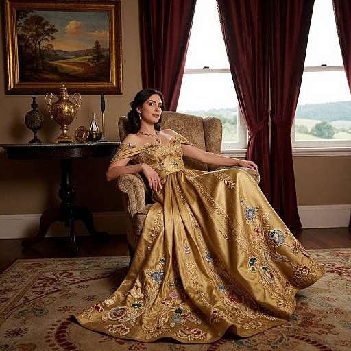 Photograph of a dark-haired woman in an ornate, gold embroidered ball gown, seated in a luxurious room with dark curtains, a framed landscape painting