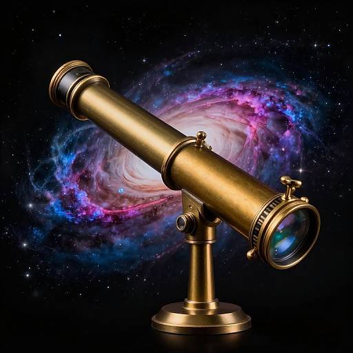 Golden telescope against a vibrant, swirling galaxy backdrop with pink, blue, and purple nebulae, set in a star-filled black space. Digital illustration