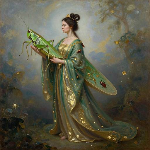 Digital painting of a fair-skinned woman in a green, gold-embellished robe holding a large, detailed green insect with translucent wings, set