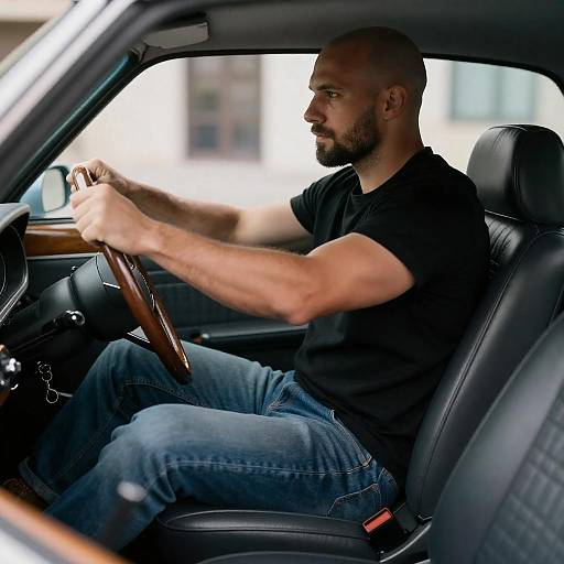 Bald Muscular Man Driving Classic Car