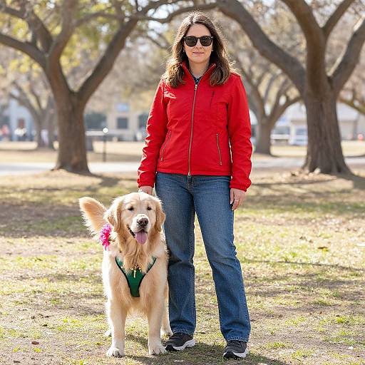 Photograph of a woman in a red jacket and blue jeans standing in a sunlit park, smiling with a golden retriever wearing a green harness and