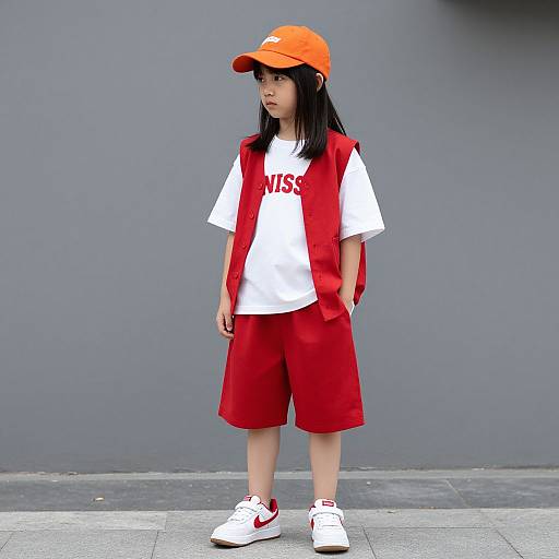 Photograph of an Asian girl with straight black hair, wearing an orange cap, white T-shirt, red vest, red shorts, and white Nike sneakers