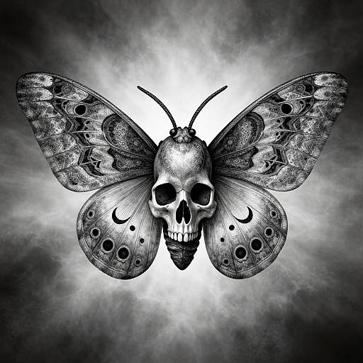 Black and white digital illustration of a moth with a human skull head, detailed wings with patterns, set against a glowing white background.
