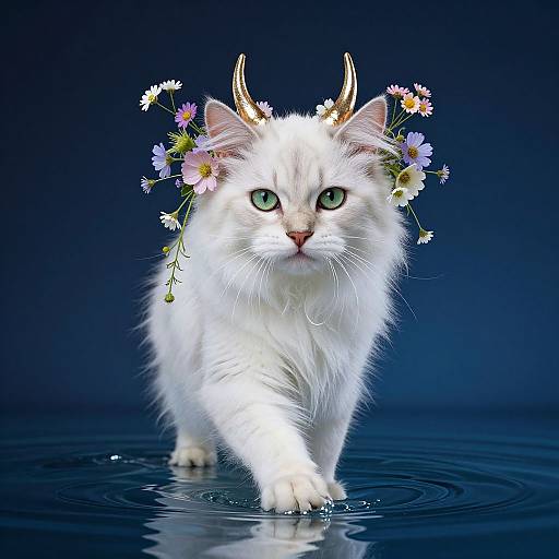 Photograph of a white, long-haired cat with green eyes, adorned with small flowers and gold horns, walking on water with ripples. Dark blue